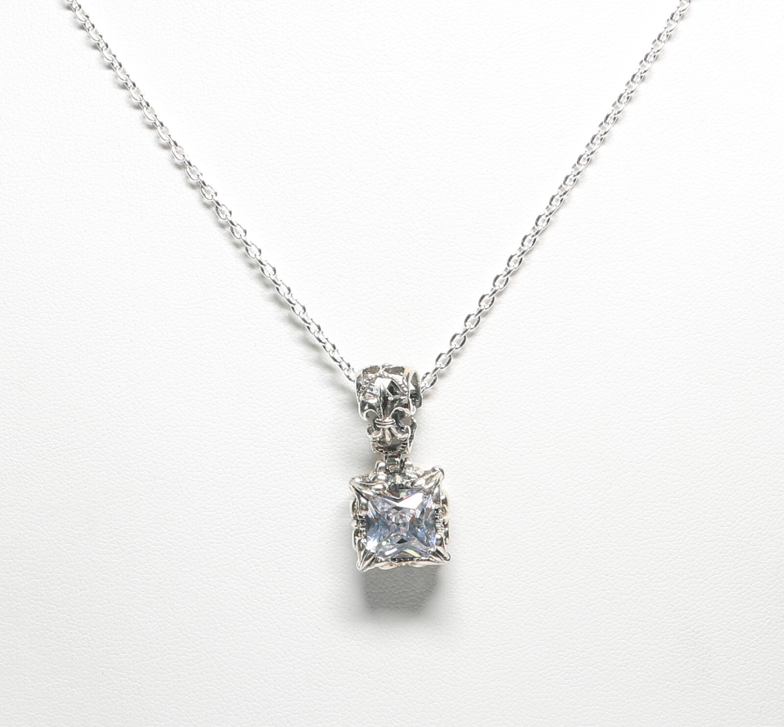 Sterling Silver 5.00ct Square Cut CZ Pendant with 20″ Cable Link Sterling Chain