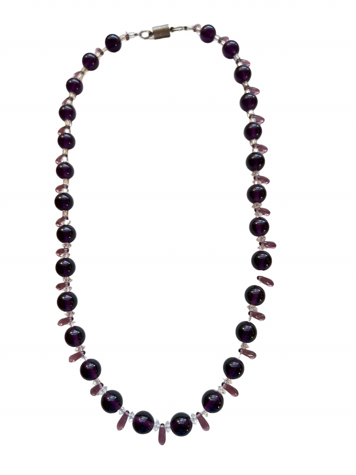 Vintage Amethyst Glass Bead Necklace Crystal Spacers Points Slver Tone Clasp B7