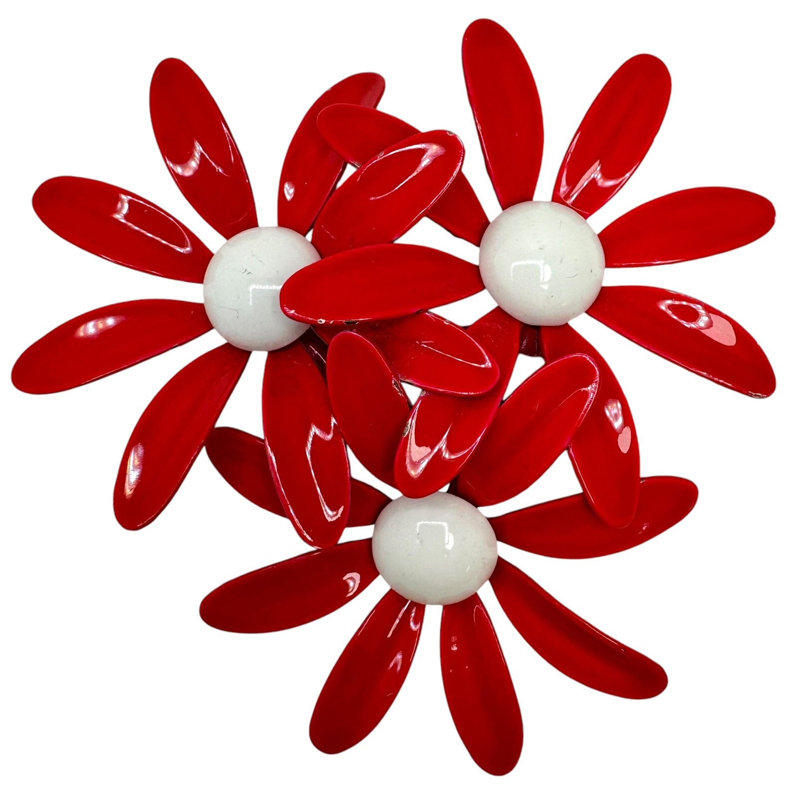 Vtg Metal Enamel Daisy Flower Brooch Pins White Brown and Triple Red White