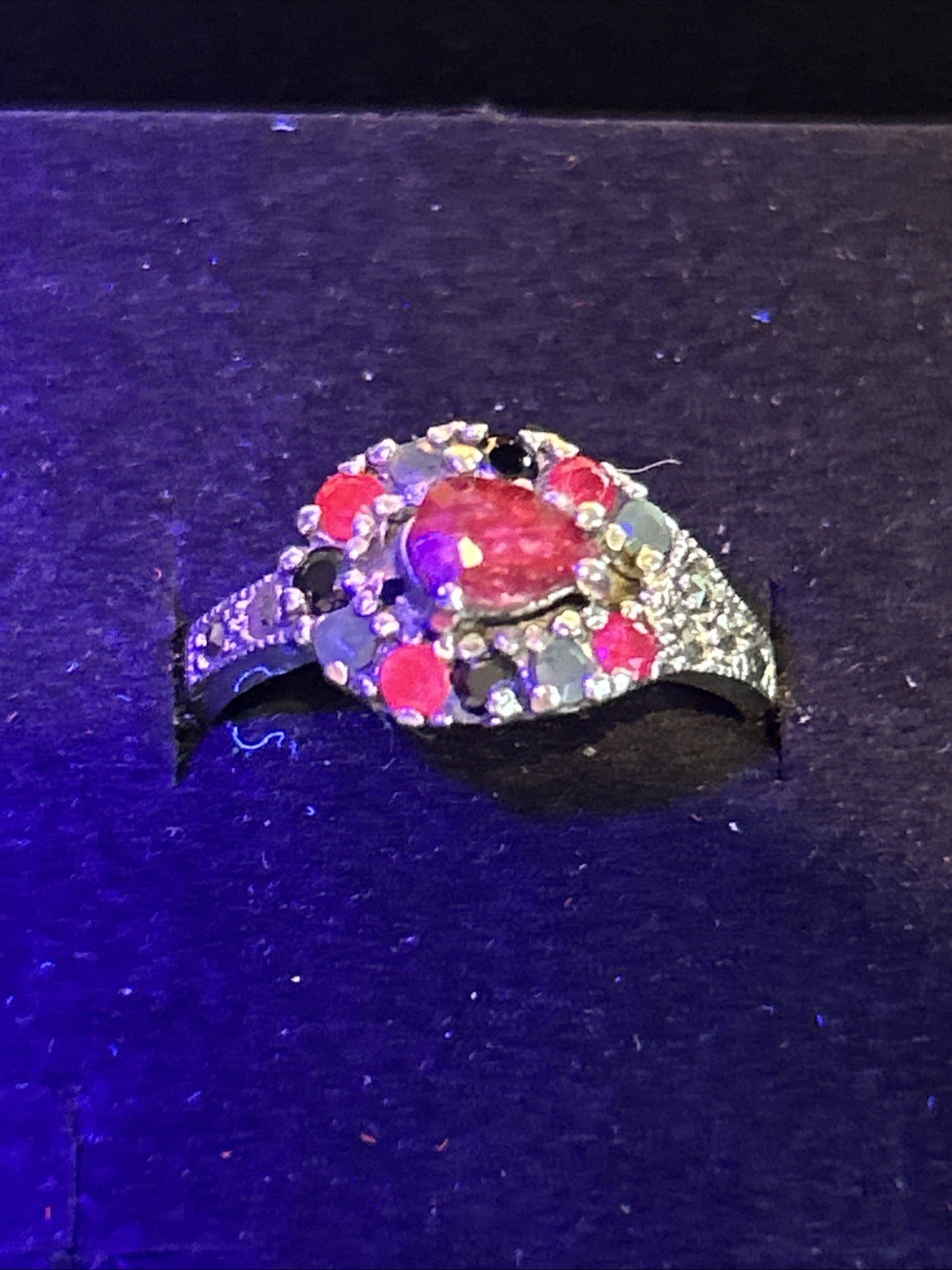 Vintage 925 Sterling Silver Ruby Sapphire Jade Marcasite Ring Size 7.5