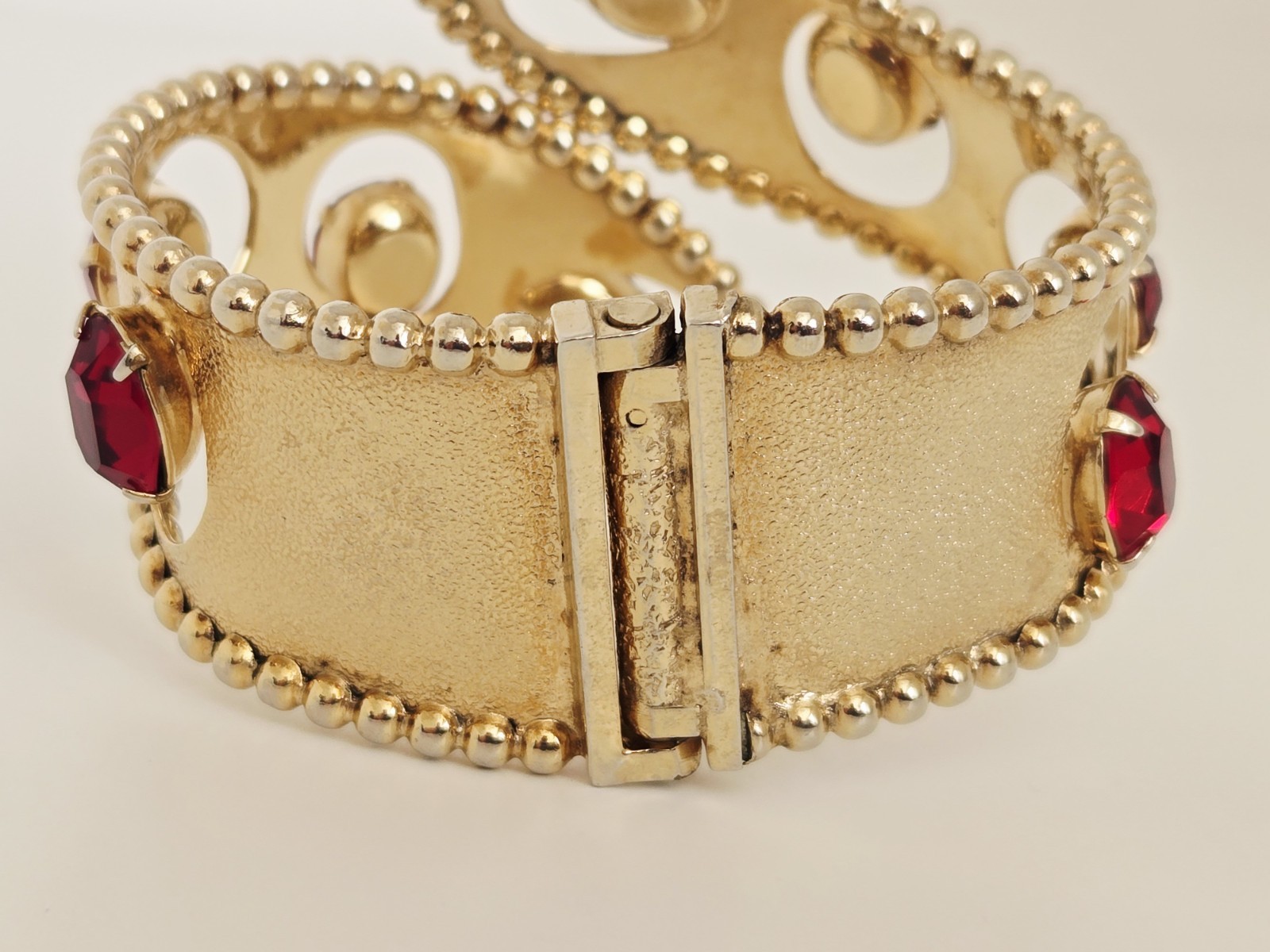 Vintage MCM Gold Tone Red Rhinestone Statement Clamper Bracelet