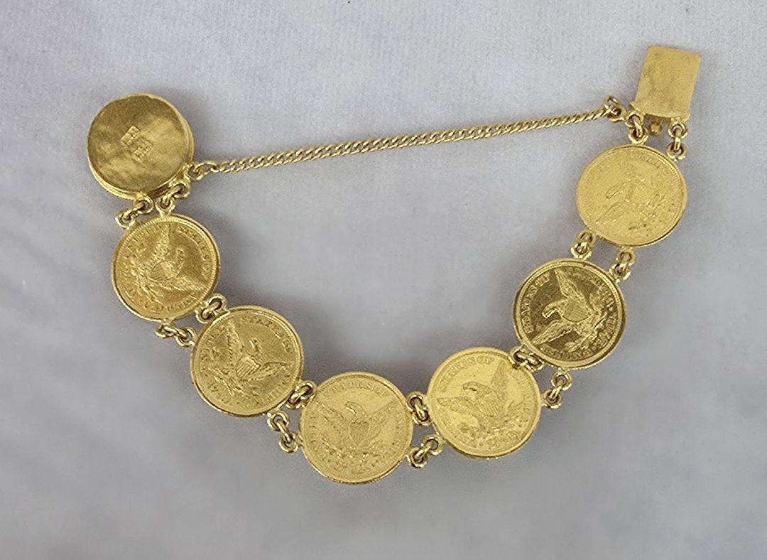 7 Coin 1906 Liberty Head Quarter Eagle 22k 2.50 Dollar Gold Chain Link Bracelet
