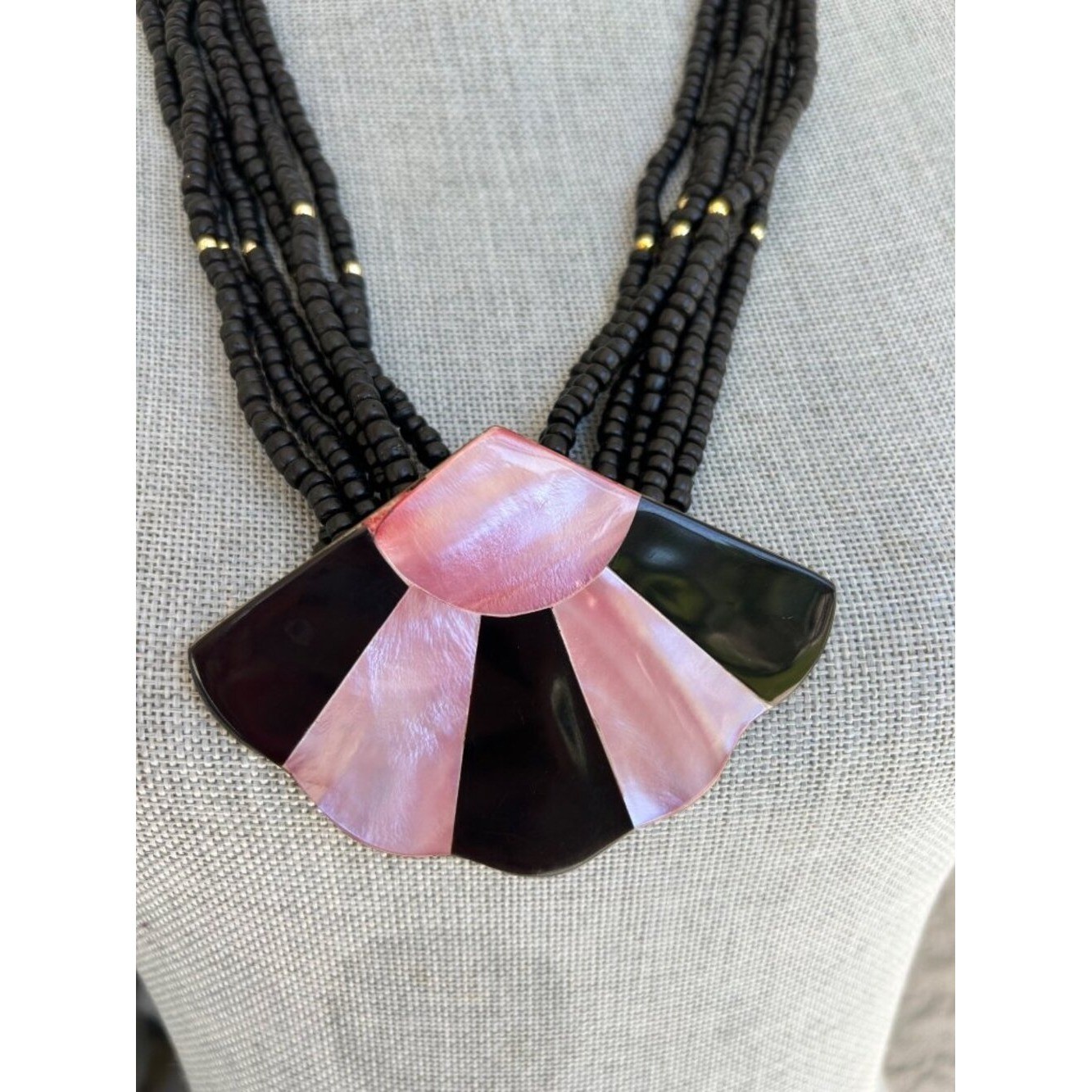 VTG 80’s Beaded Necklace Pink & Black Abalone Shell Fan Pendant Statement Piece