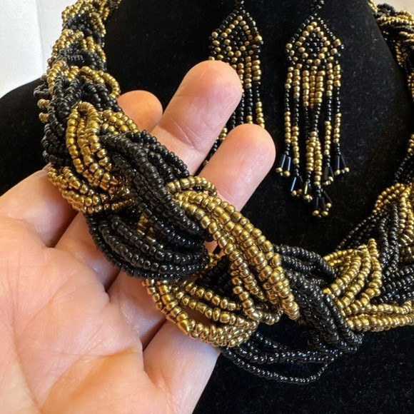 Vintage Multistrand Braided Chunky Beaded Statement Choker Necklace Earring Set