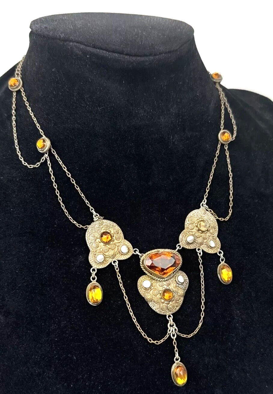 Antique Vtg Victorian Festoon Drape Swag Necklace Amber Stones Box Clasp