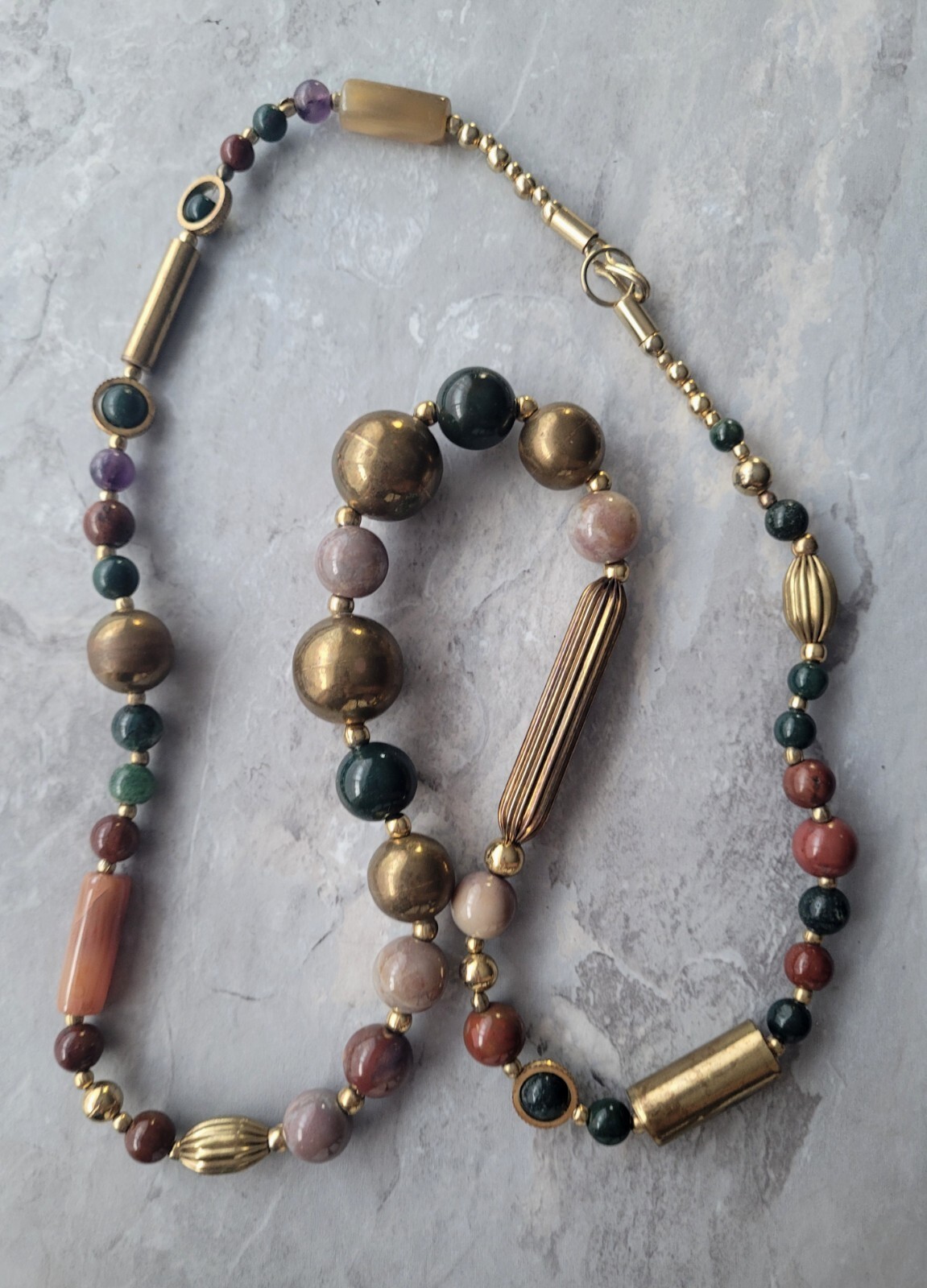 VTG LONG BEADED STATEMENT NECKLACE SEMI PRECIOUS GEM STONE + BRASS BEADS BOHO