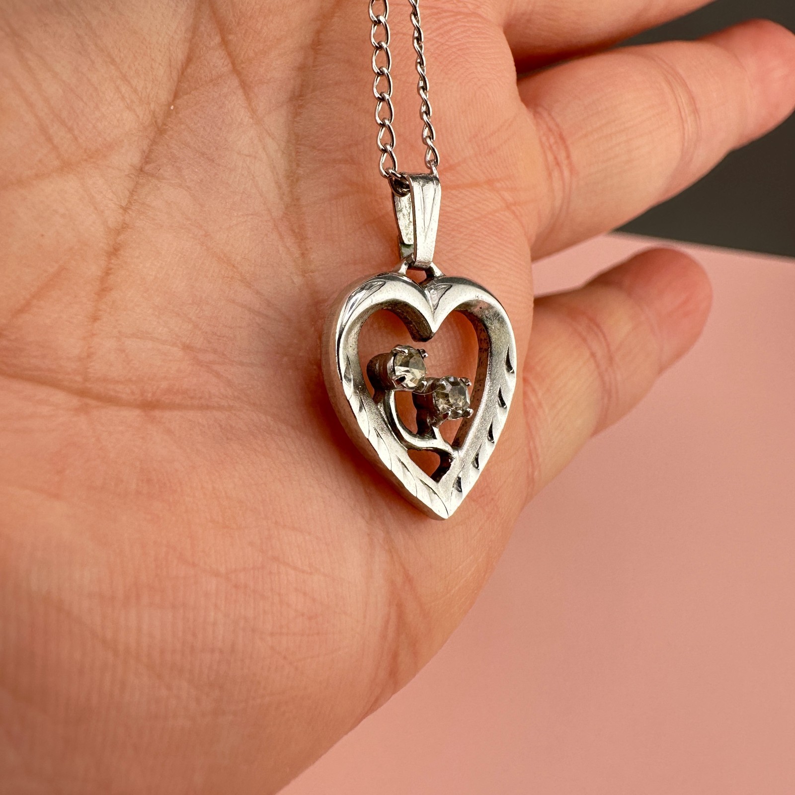 Vintage Sterling Silver Rhinestone Heart Pendant Necklace 925 Chain 16″ Signed