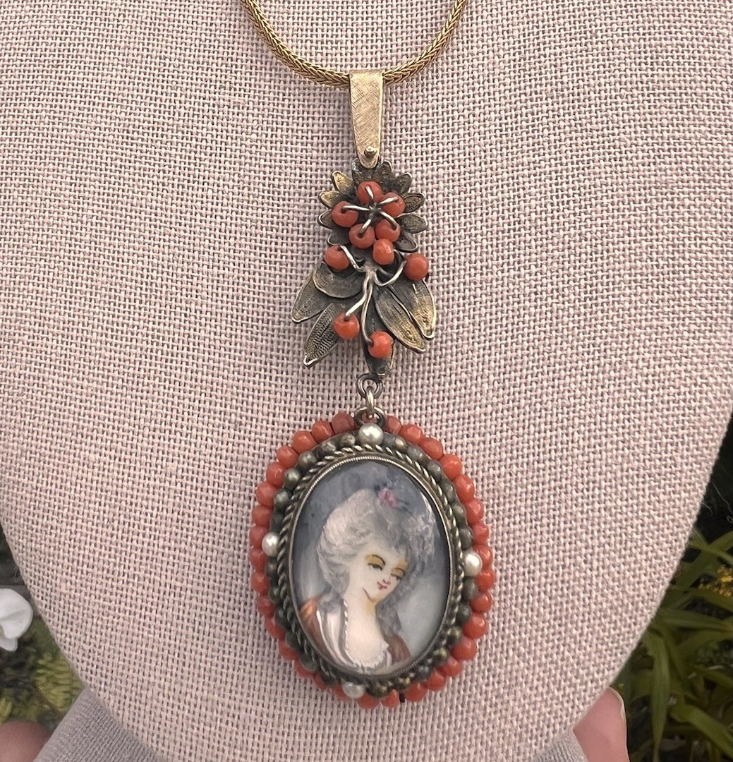 Antique Yellow Gold + Silver Coral Seed Pearls Hand Painted Portrait Pendant