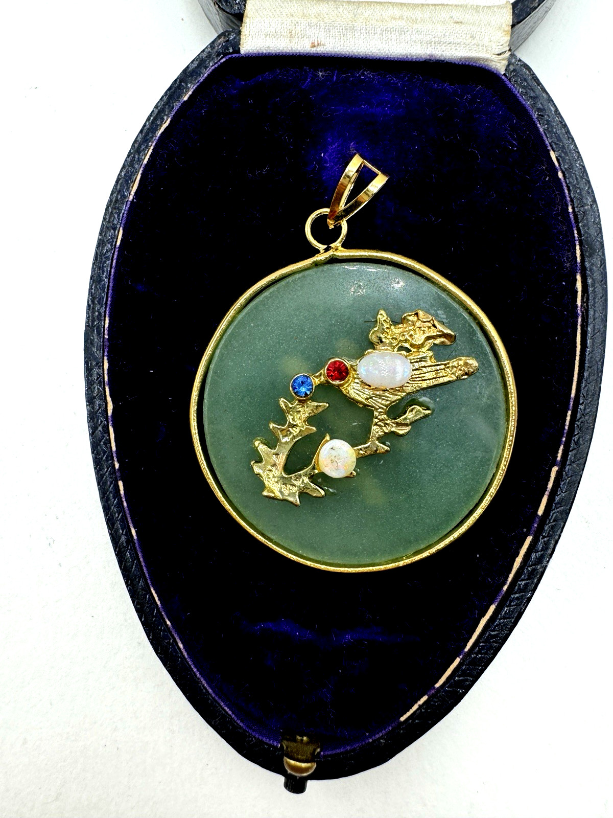 BIRD PENDANT ROUND CHINESE Semi Precious Gemstone NEW OLD VNTG LAPIS AVENTURINE