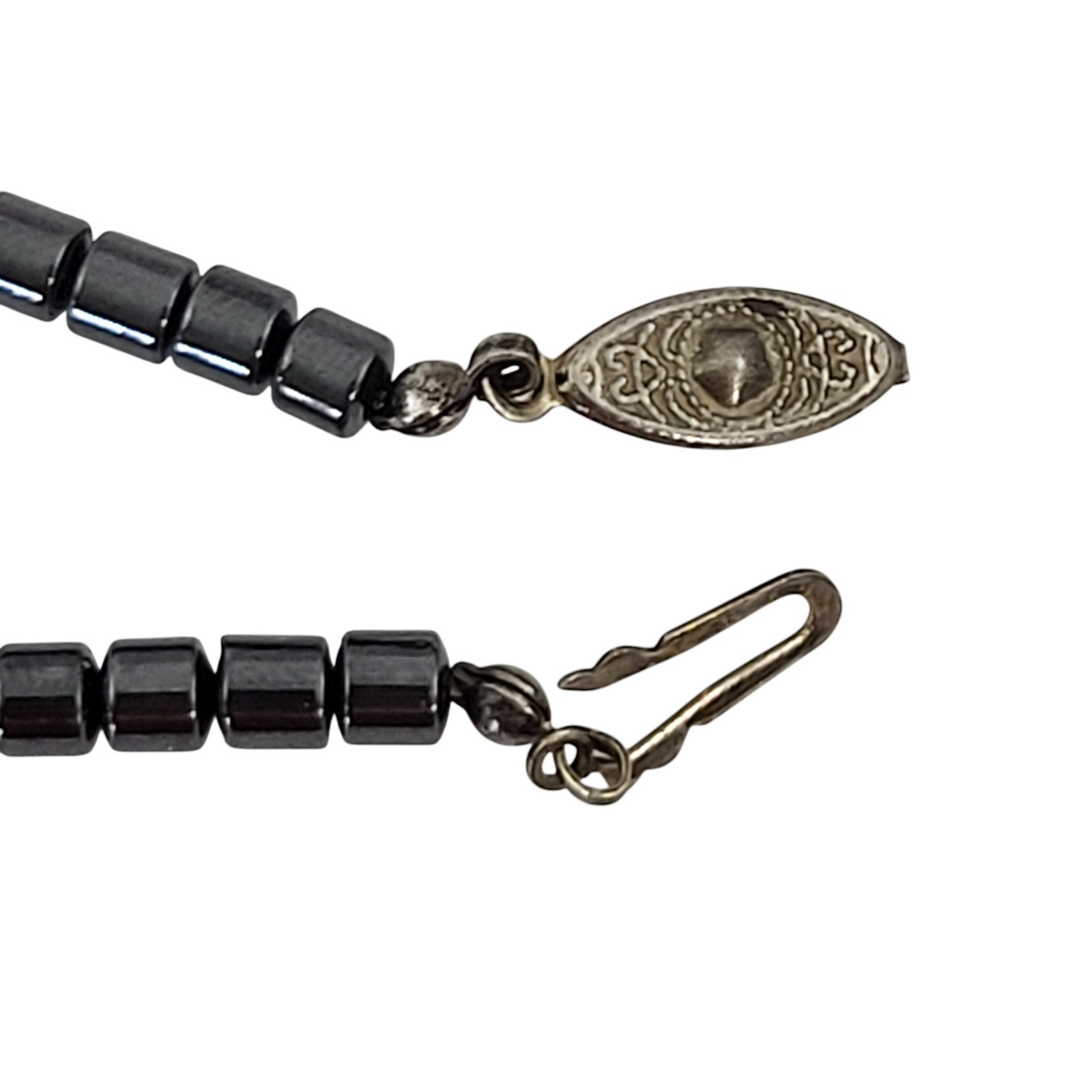 Hematite Barrel Bead Choker Vintage Grey Necklace 18 Inch Fish Hook Clasp