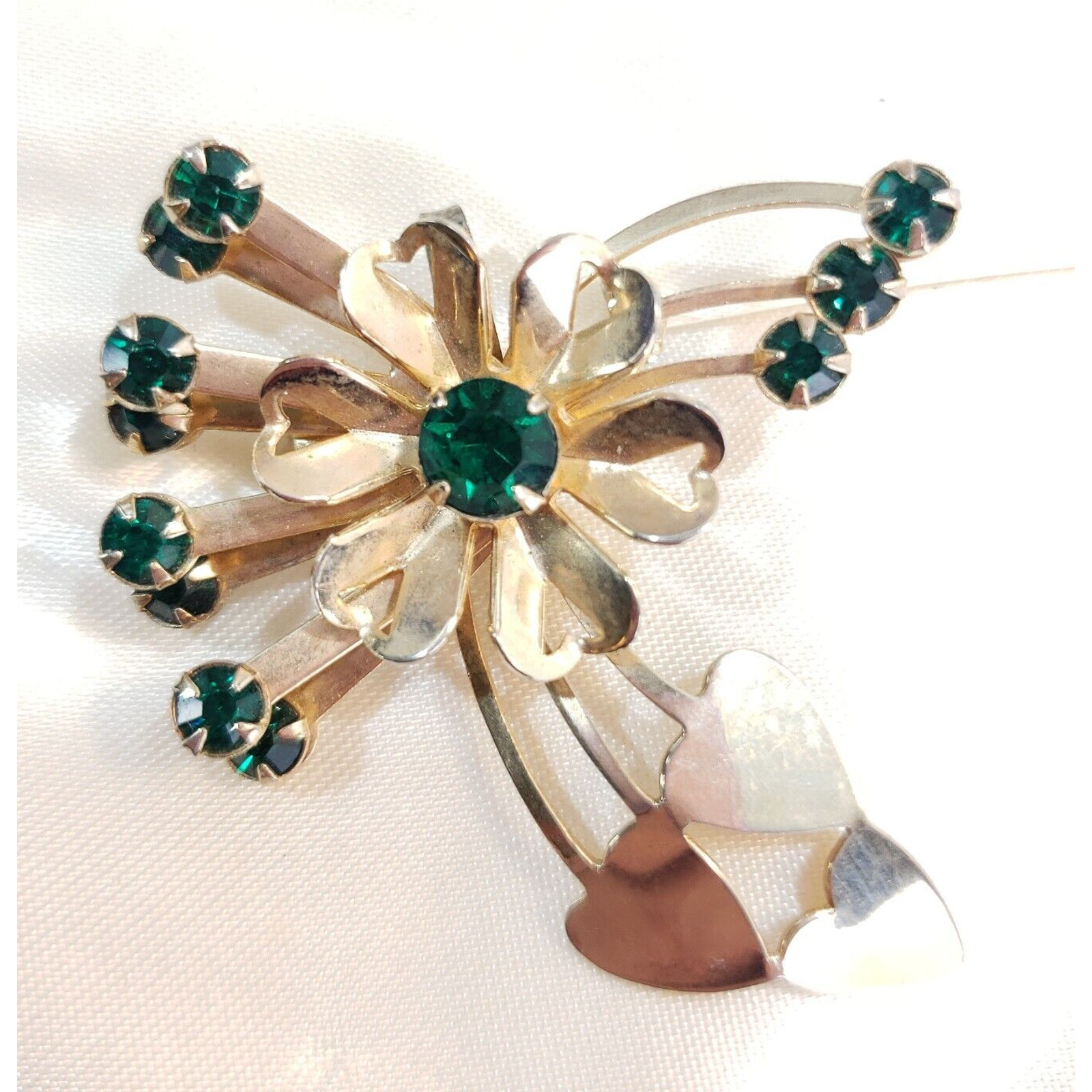 Vintage Green Rhinestone and Gold Tone Pin Brooch Pendant Flower and Hearts
