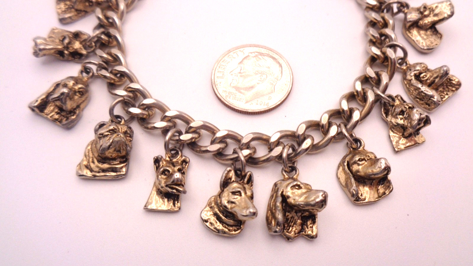 Vintage Super Fun Oval Chain Link Charm Bracelet 14 Different Dog Head Charms