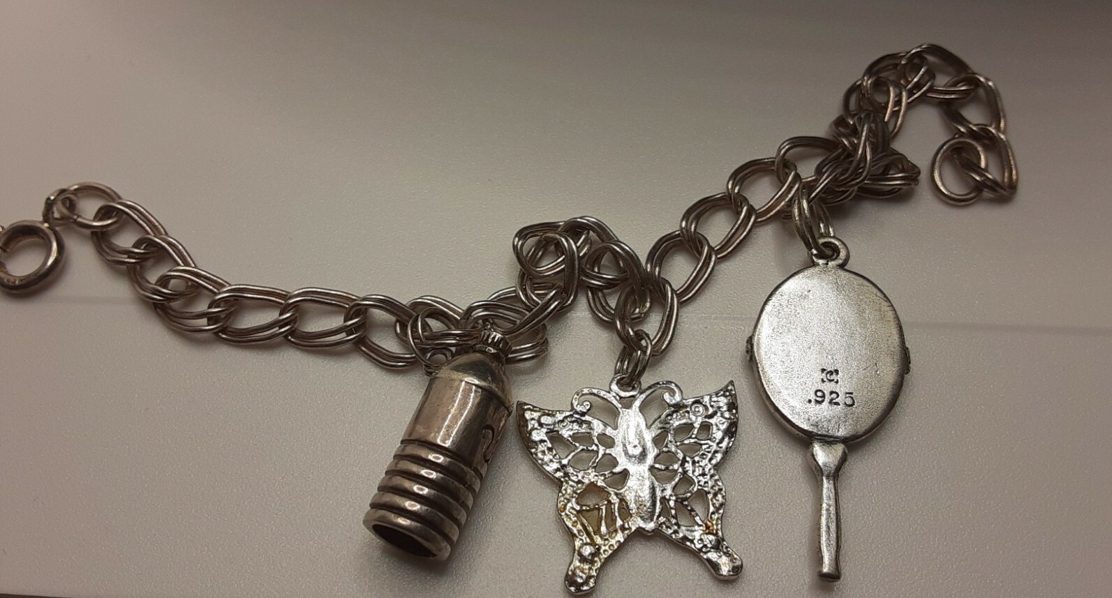 Vintage sterling Silver Loaded Charm Bracelet Mirror Water Bottle 5mm 925 7-1/4″