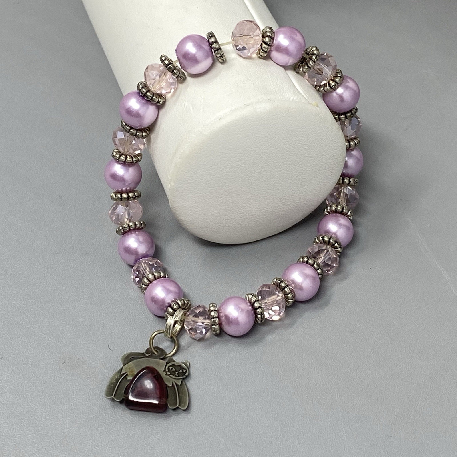 Purple Glass Bead Bracelet Sterling Silver Cat Dangle Charm Faceted Stretch 6.75