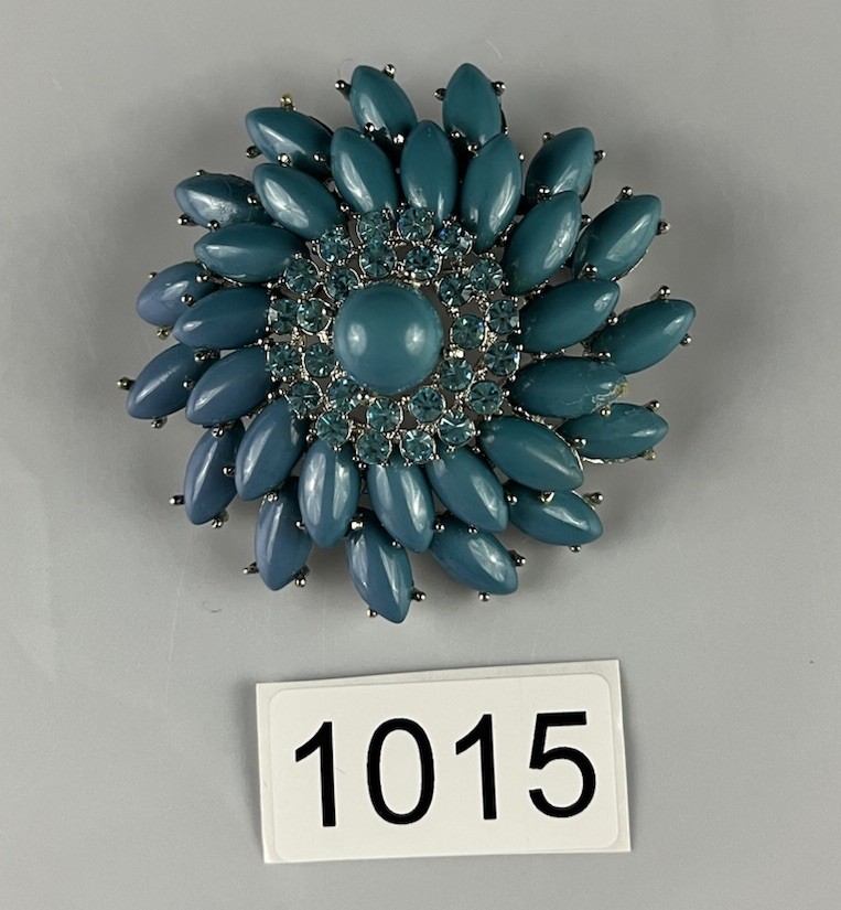 Large Retro Teal Blue Faux Turquoise Flower Brooch Tiered Silver Tone Sunburst
