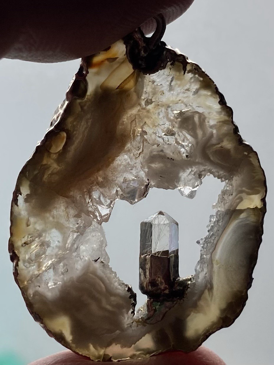 Very Cool Vintage Handcrafted Geode Slice & Rutilated Quartz Crystal Pendant