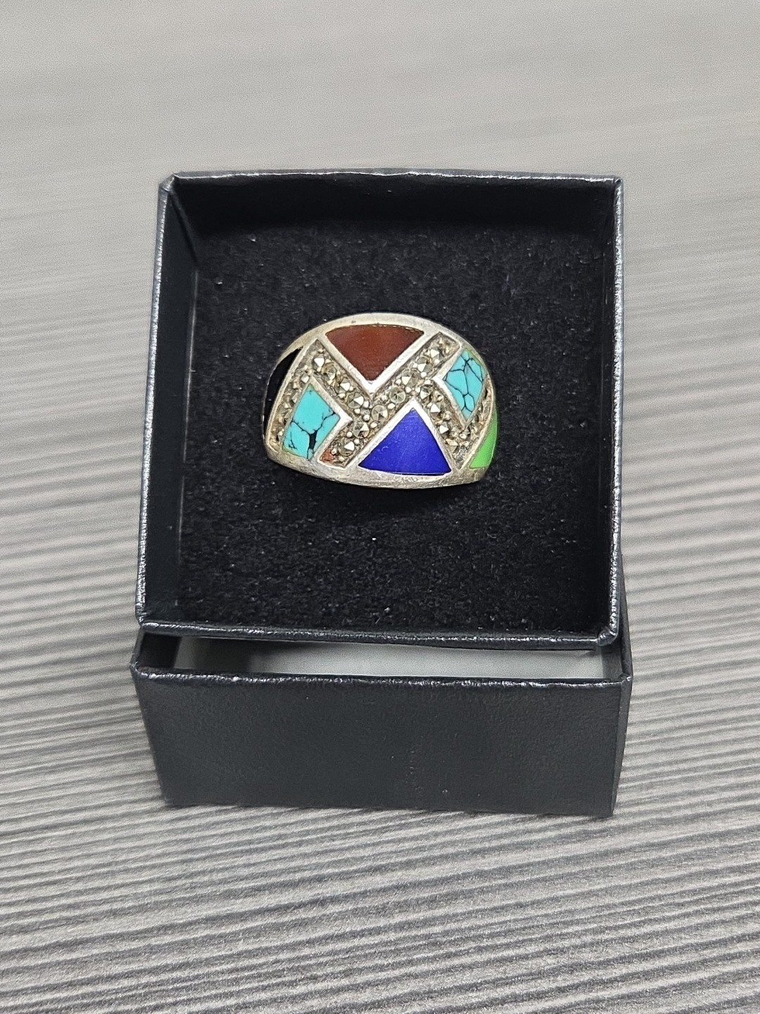 VTG Signed CW Sterling Silver 925 Marcasite & Inlaid Multi Gemstone Ring SIZE 8