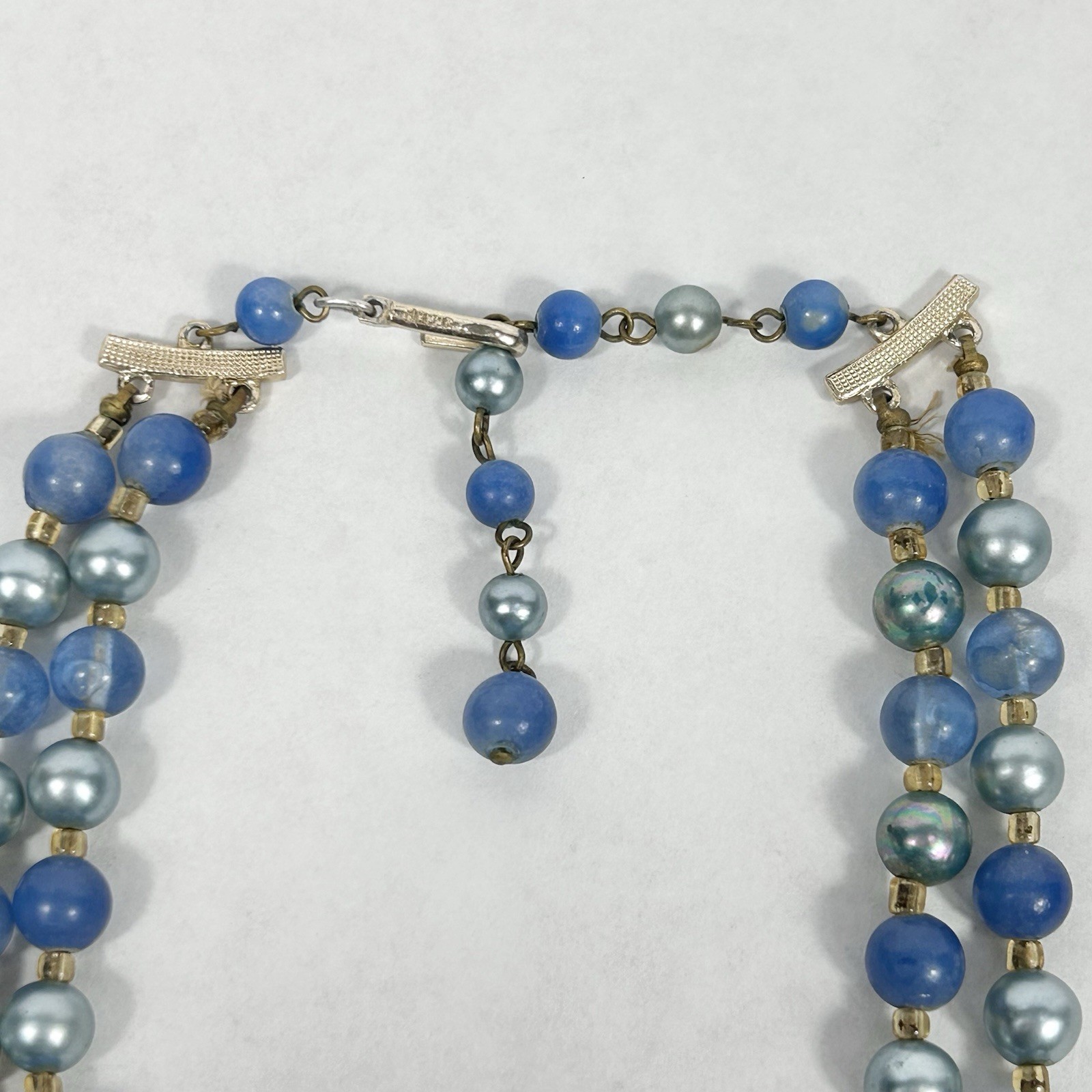 Vintage JAPAN Double Strand Blue Bead Necklace 17.5” Faux Pearl Acrylic Glass