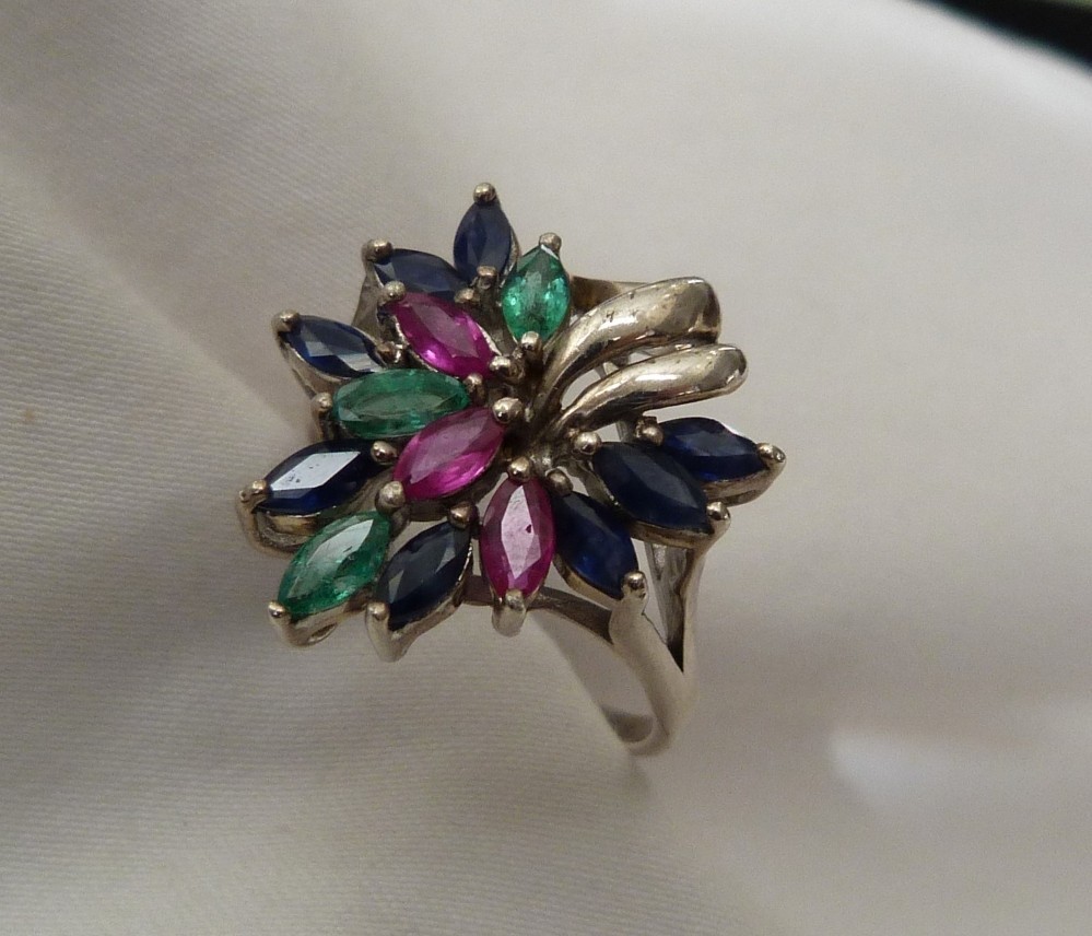 DESIGNER SIGNED EMERALD SAPPHIRE RUBY GEMSTONES STERLING SILVER RING SIZE 9