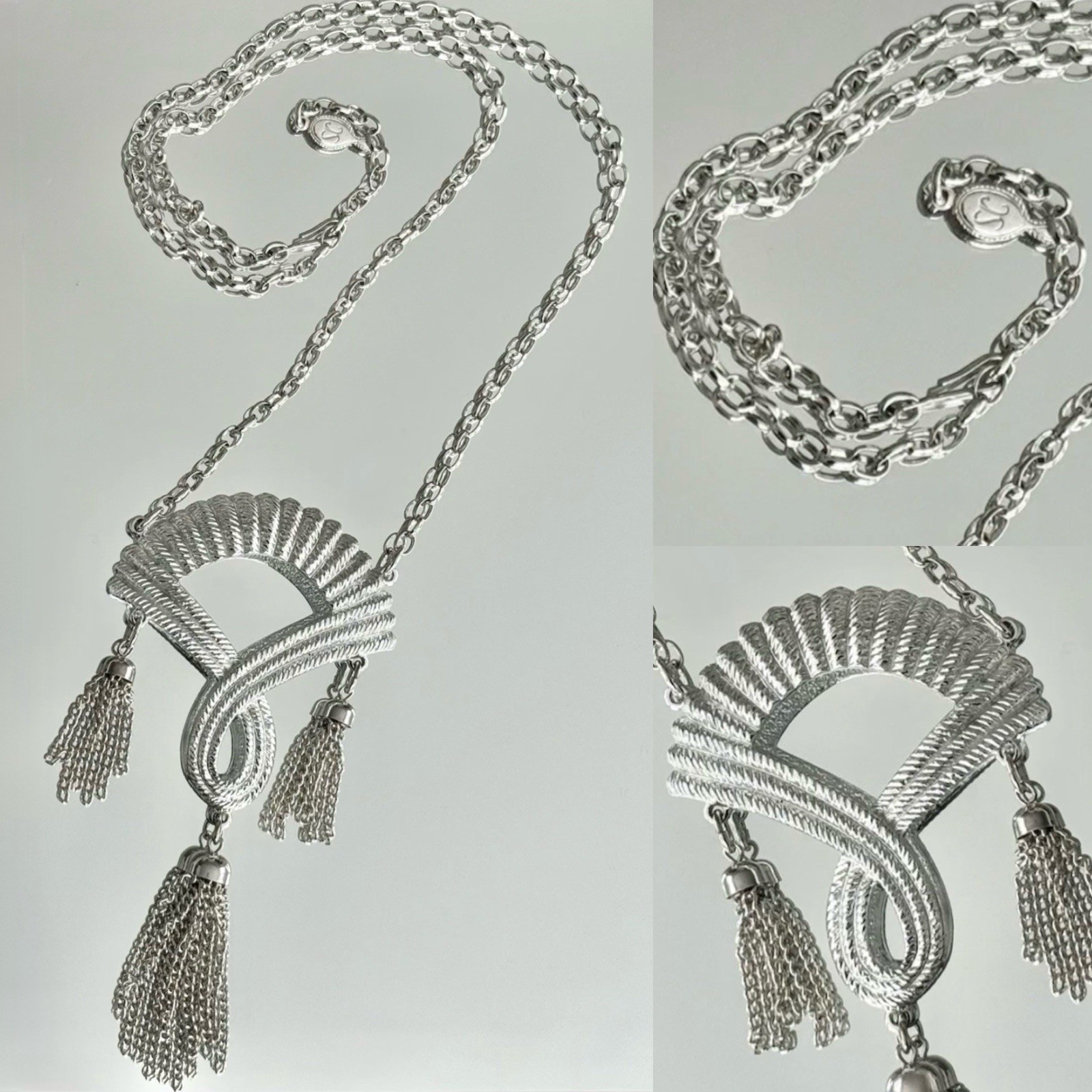 VTG Etruscan Revival Tassel Fan Pendant Necklace Art Deco Style Retro Luxury