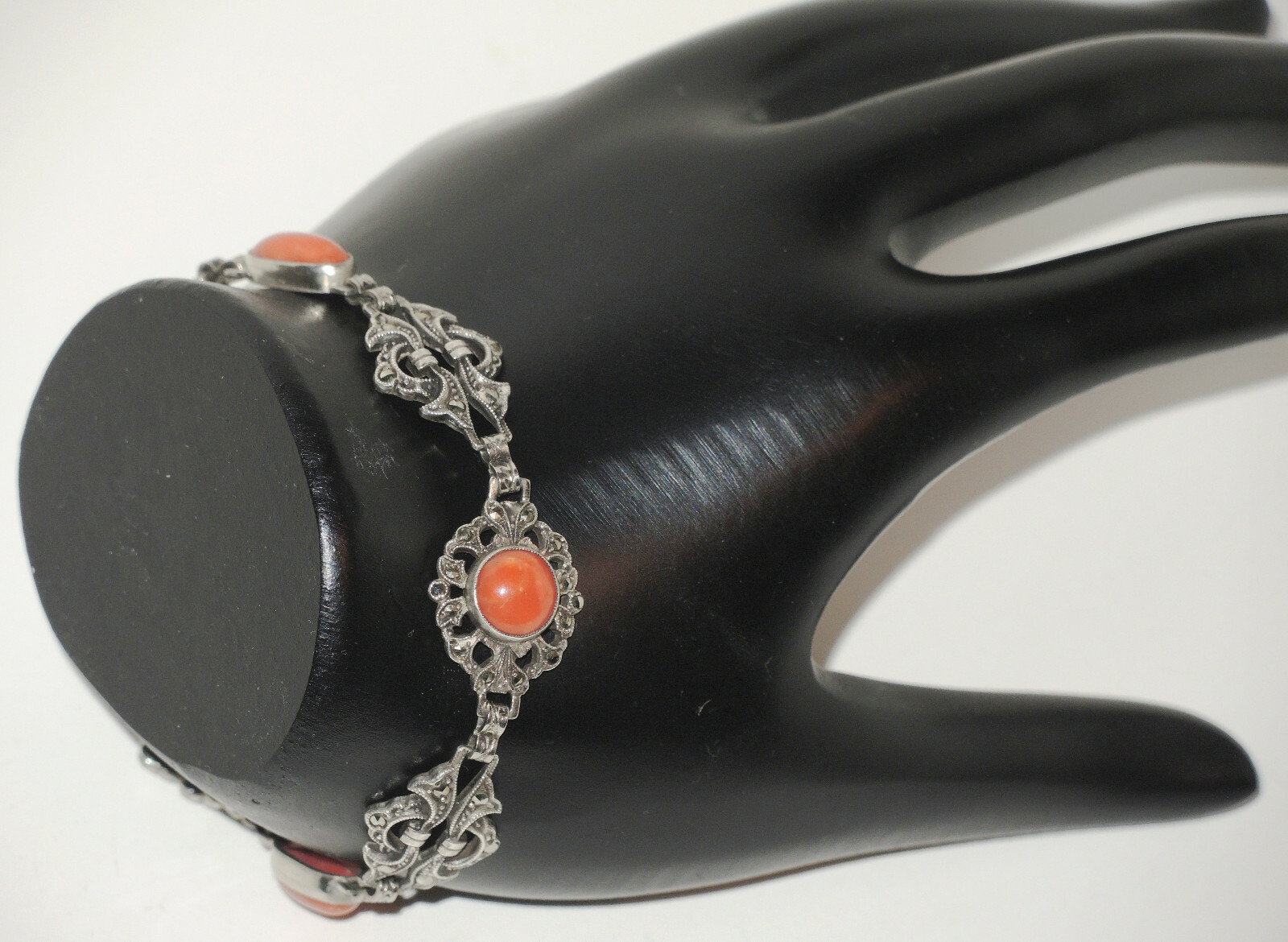 1920’s Art Deco Sterling Openwork Links Bracelet with Coral & Marcasites
