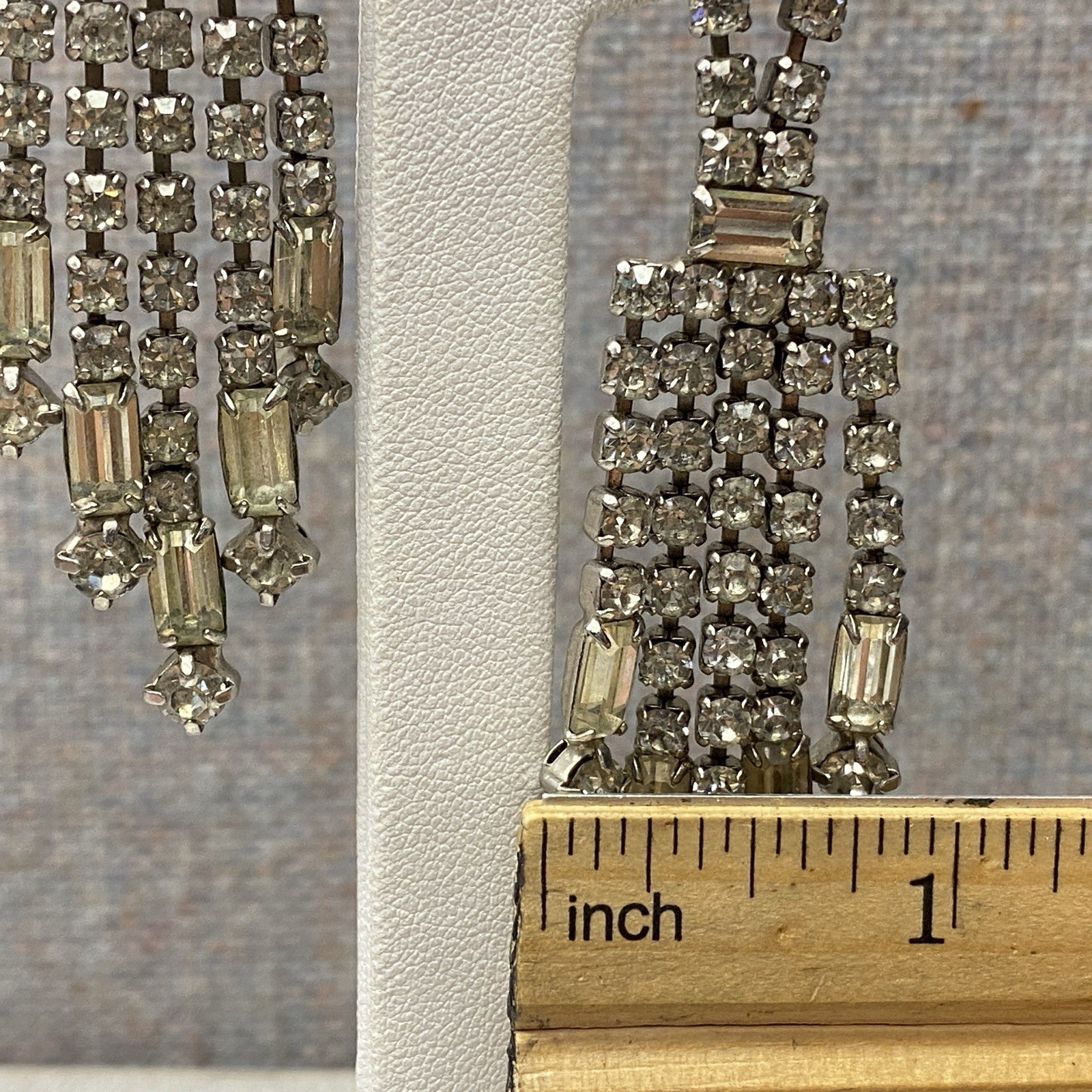 Vintage Rhinestone Clip On Earrings 3″ Drop 5 Strands Screw Back Old Money