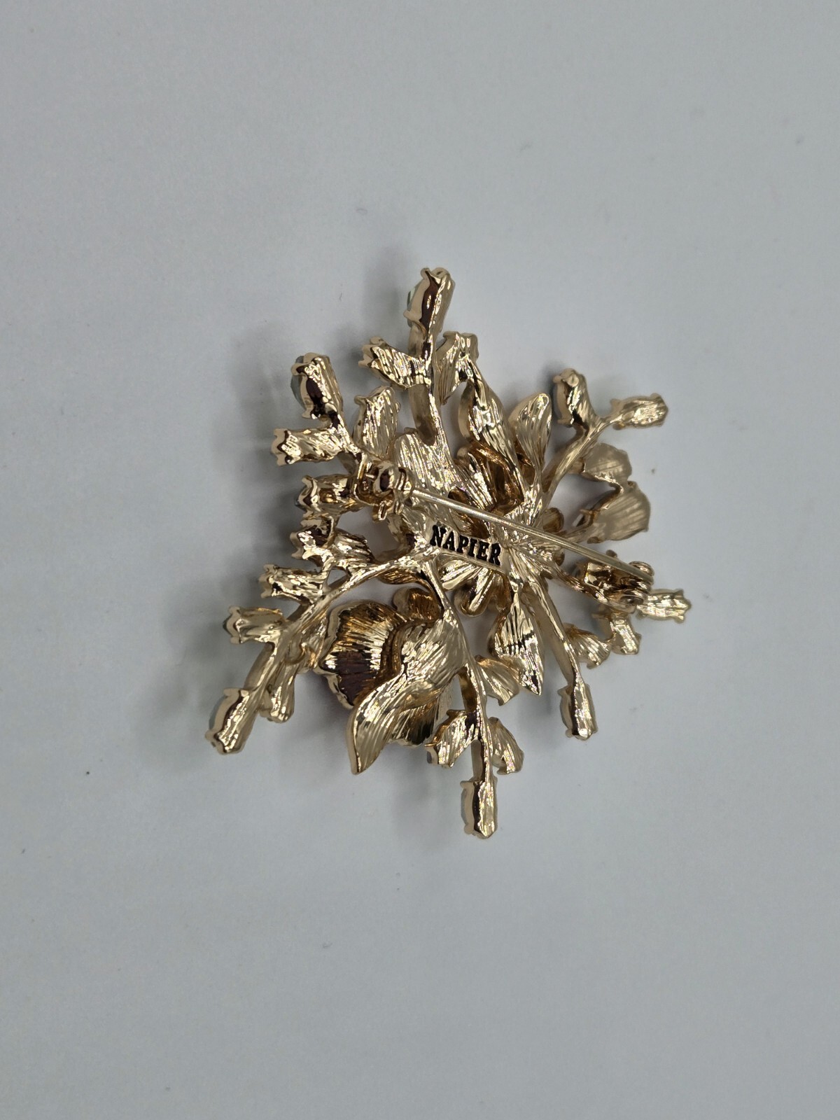 Napier Flower Brooch Gold Tone Enamel Green White Pink Purple Stones