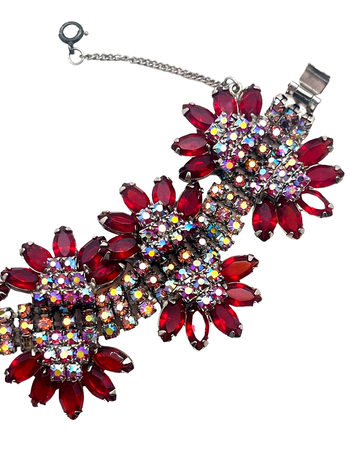 Glittering Fuchsia Pink AB & Red Marquise Exquisite Vintage Rhinestone Bracelet