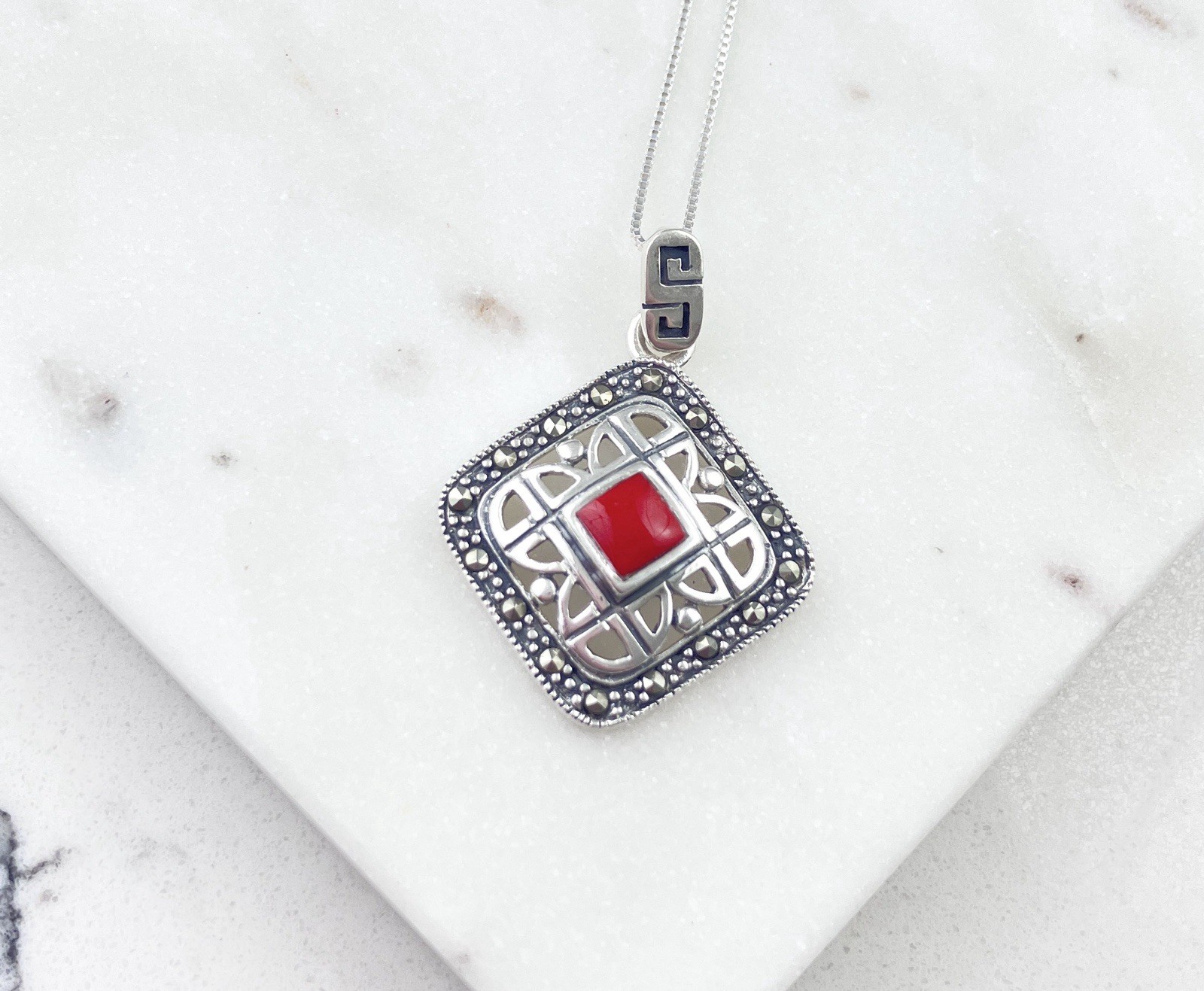 Vintage 925 Sterling Silver Red Coral Deco Marcasite Pendant Necklace 18”