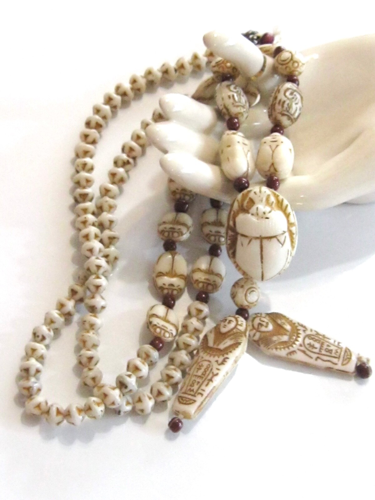 ANTIQUE NEIGER BROTHERS 1920s EGYPTIAN ART DECO URANIUM GLASS BEADED NECKLACE