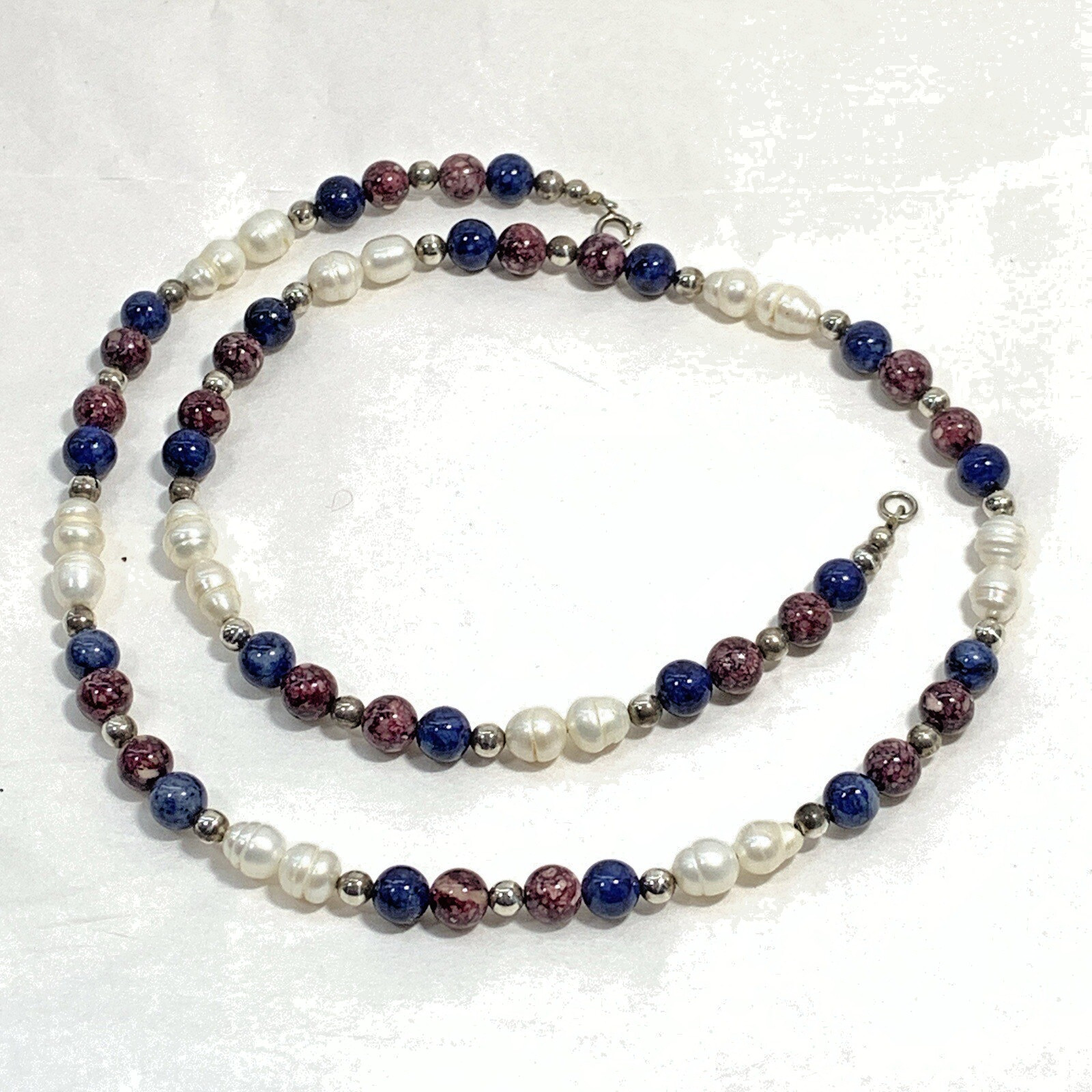 Vintage 925 Sterling Silver Freshwater Pearl Stone Bead Necklace Purple Blue 20″