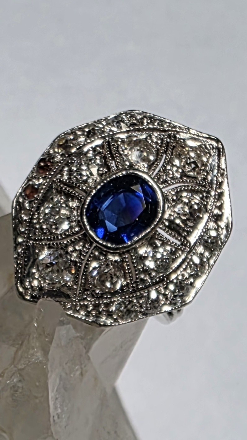 Antique Platinum Old European And Mine Cut Diamonds Blue Synthetic Sapphire Ring