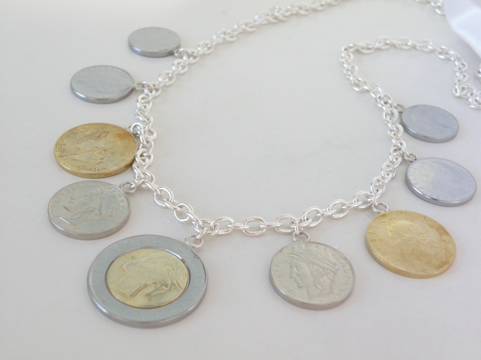 Milor Italy Sterling Silver 925 Italian Coin Charm Rolo Link Heavy Necklace 20″