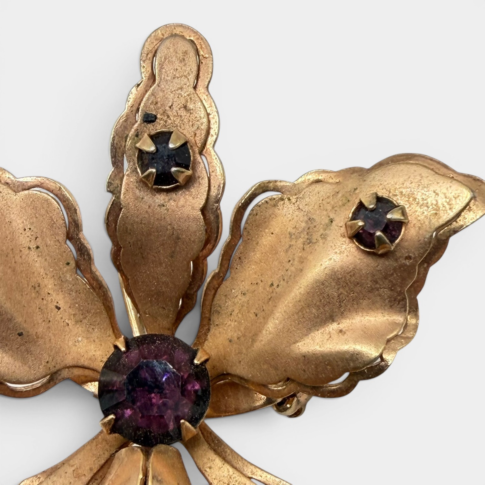 Vintage Orchid Flower Brooch Pendant Purple Rhinestones Gold Tone Floral Pin 2″
