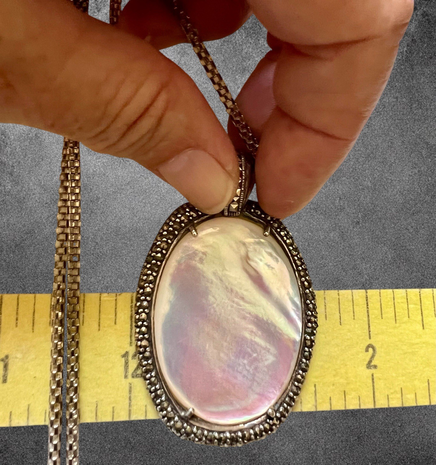 925 Sterling SilverVintage Real Mother Of Pearl & Marcasite Oxidized Pendant