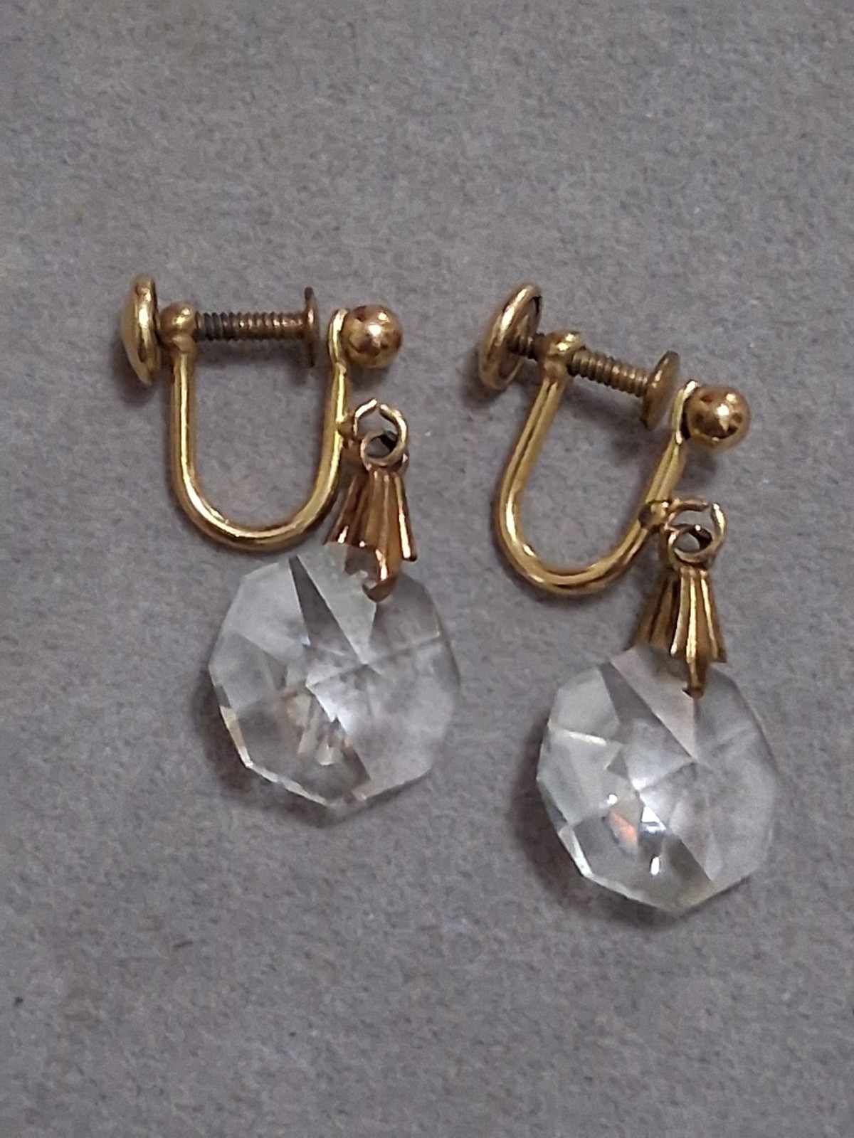 Gold filled faceted crystal dangle drop adjustable clip on earrings, geometric