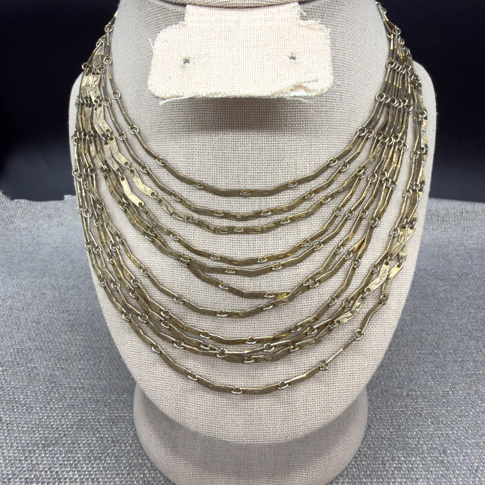 Vintage Bib Necklace Multi Chain Gold Tone Etched Bars Hook Clasp