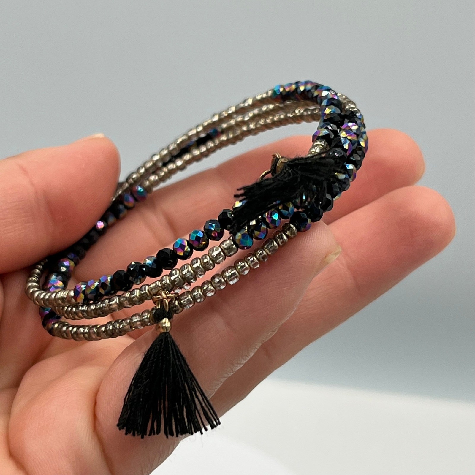 Vintage Black Iridescent Seed Bead Wrap Bracelet Silver Tone Tassel Multi-Strand