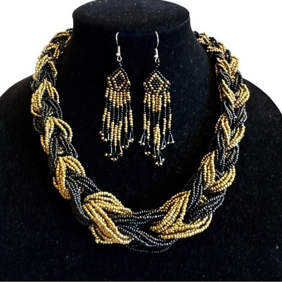 Vintage Multistrand Braided Chunky Beaded Statement Choker Necklace Earring Set