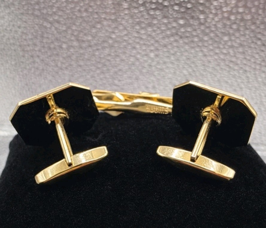 Vintage Gold-Tone Cufflinks & Tie Clip Set w Iridescent Stone Mid Century Swank
