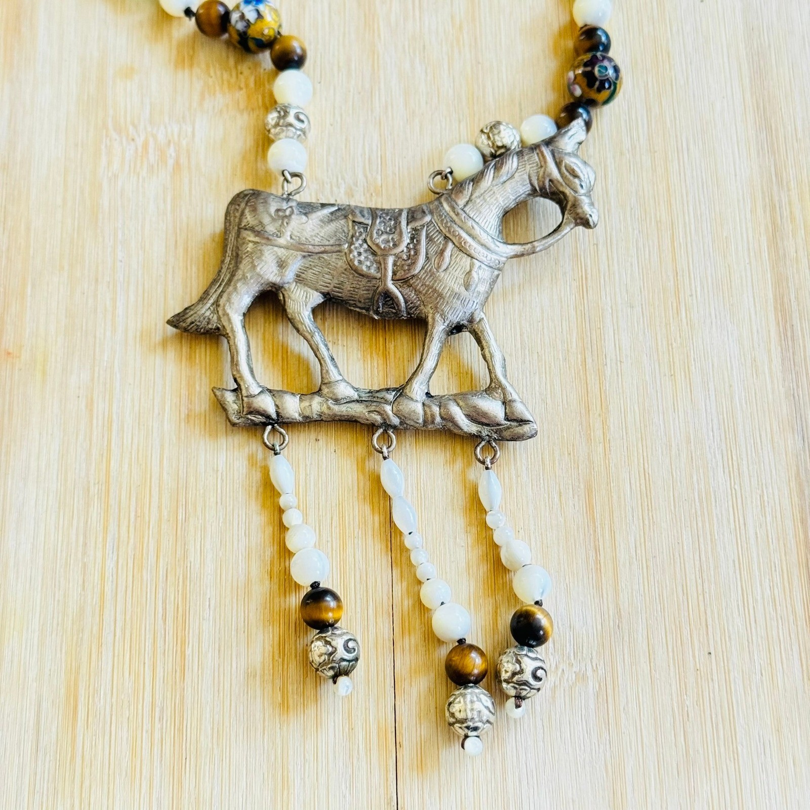 VTG Horse Equestrian Necklace Statement Cloisonne Tiger’s Eye Jade Stone Beads