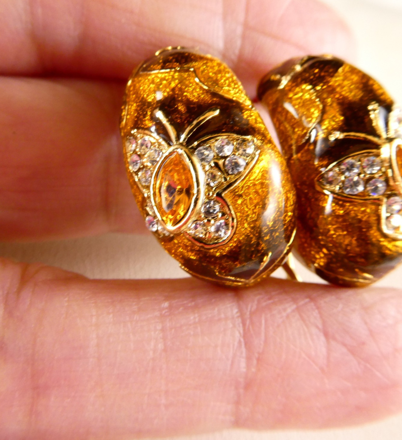 Bracelet & Earrings SET Orange Enamel Crystal Butterfly Fall Colors Signed FL