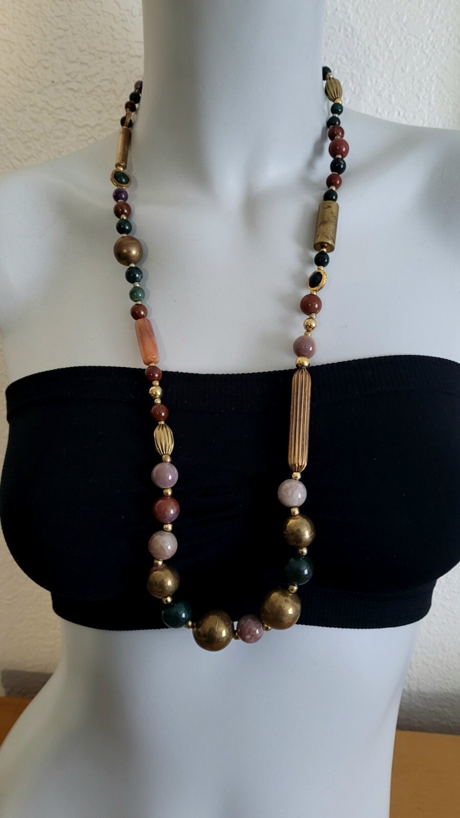 VTG LONG BEADED STATEMENT NECKLACE SEMI PRECIOUS GEM STONE + BRASS BEADS BOHO