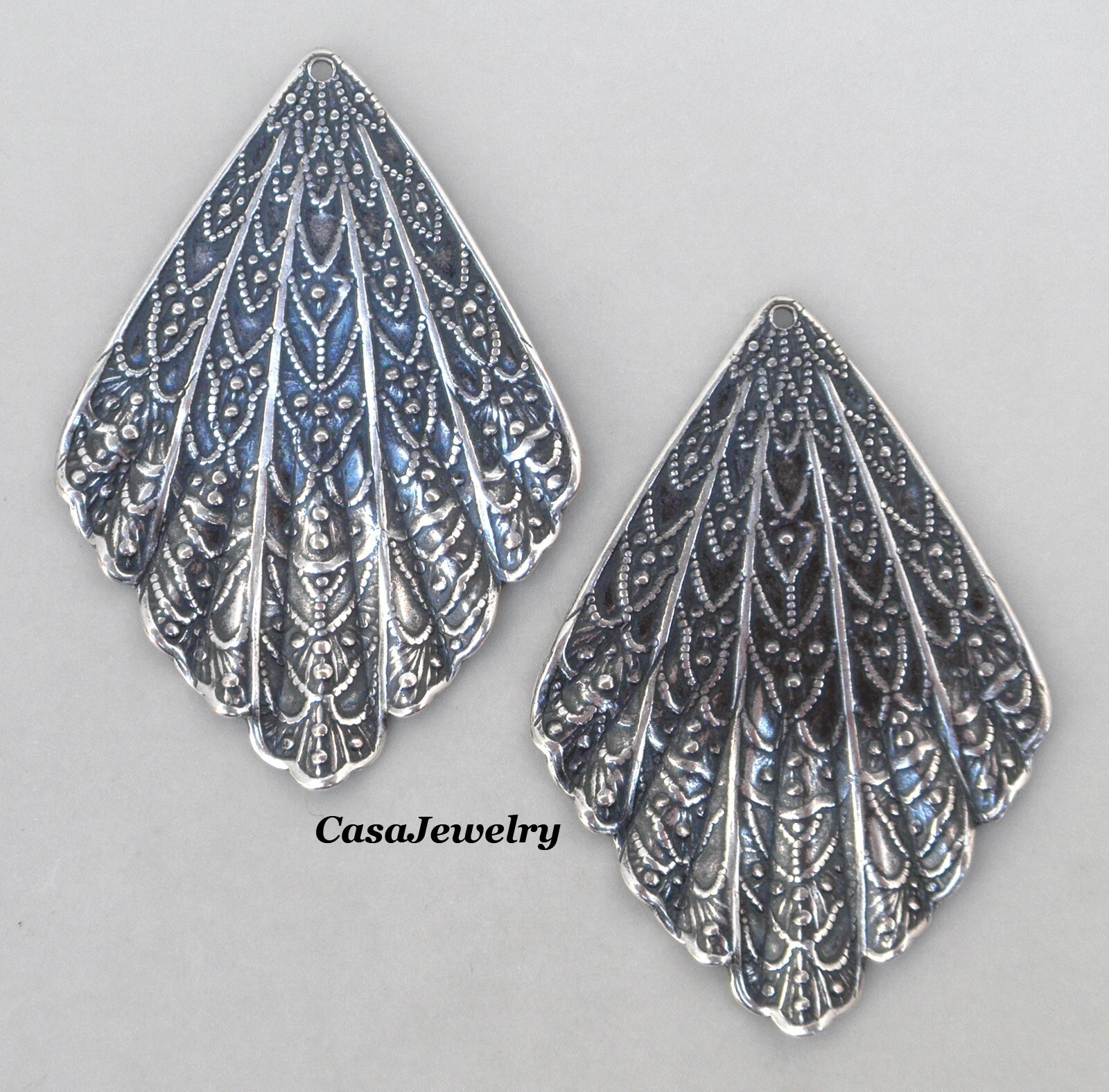 #0080 ANTIQUED STERLING SILVER PLATED RIPPLED DROP W/TOP HANG HOLE – 2 Pc Lot