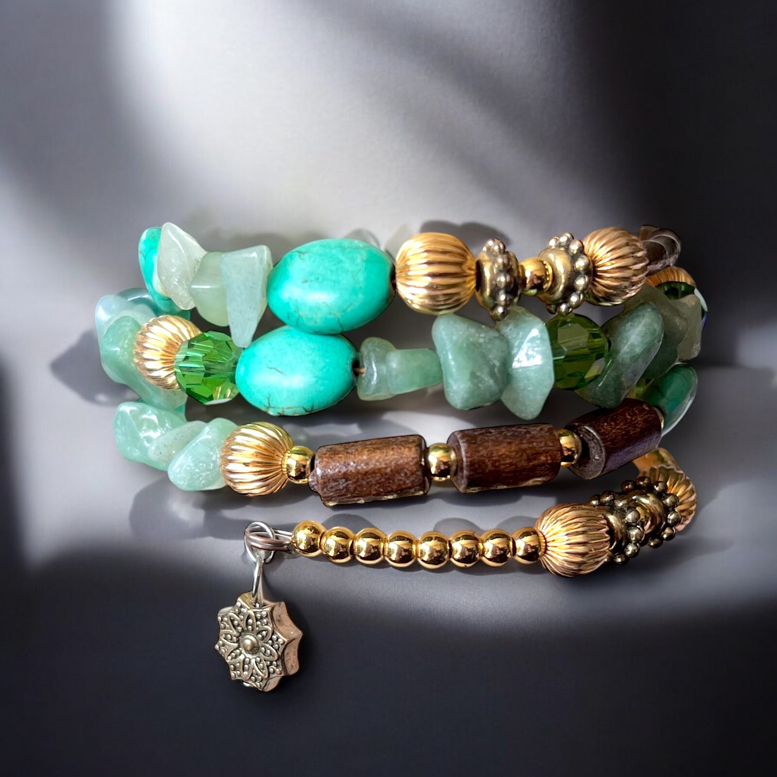 Boho Gemstone Beaded Bracelet Multi-Strand Wrap Wood Turquoise Gold Vintage