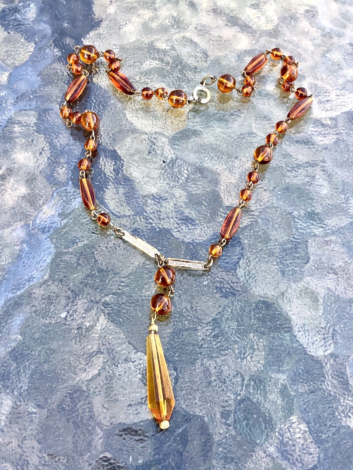 Vintage Art Deco Amber Glass Lariat Necklace With Teardrop Amber Drop