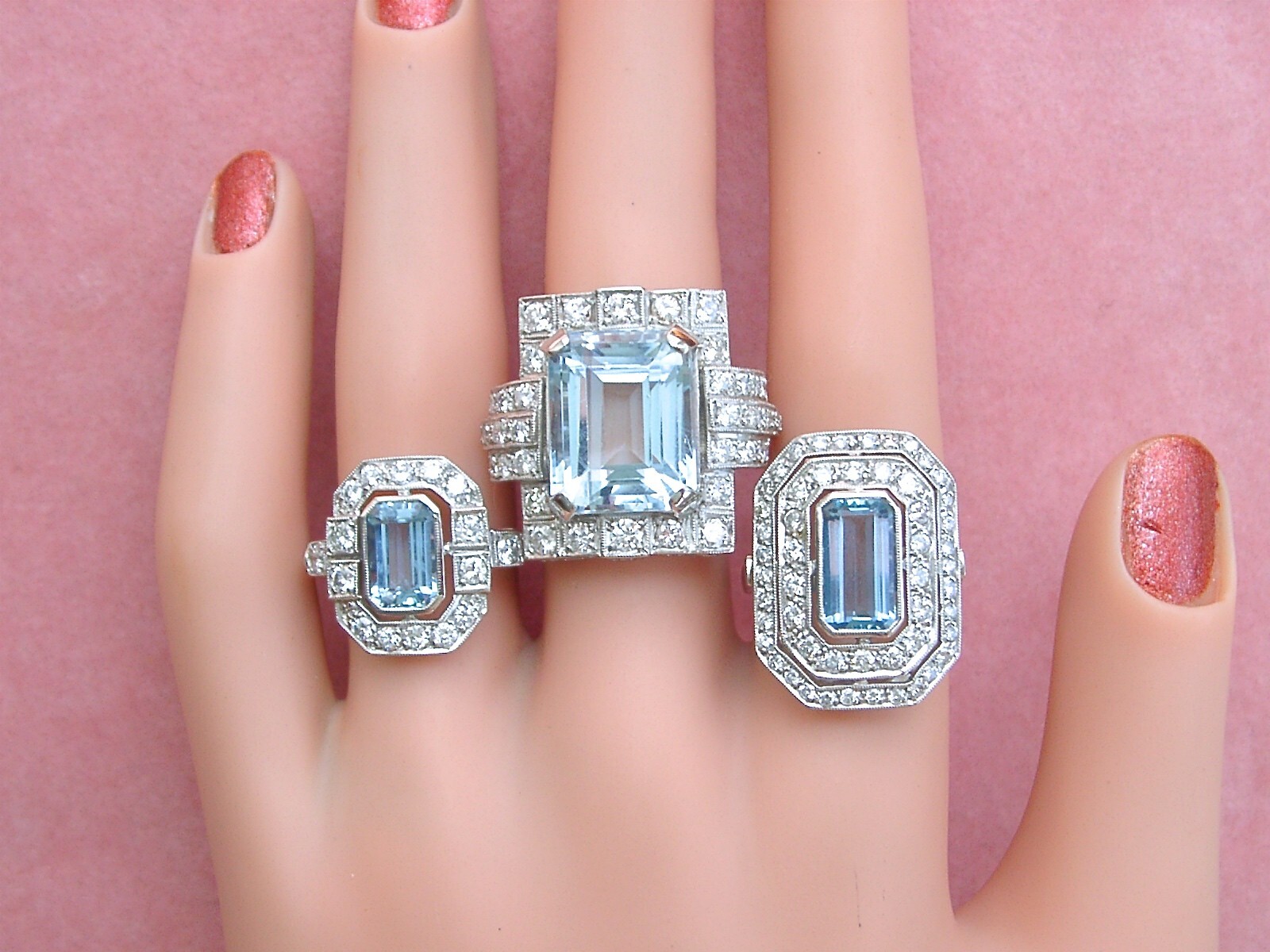 ESTATE DECO 1.55ct AQUAMARINE 1ctw OLD DIAMOND PLATINUM COCKTAIL RIGHT-HAND RING