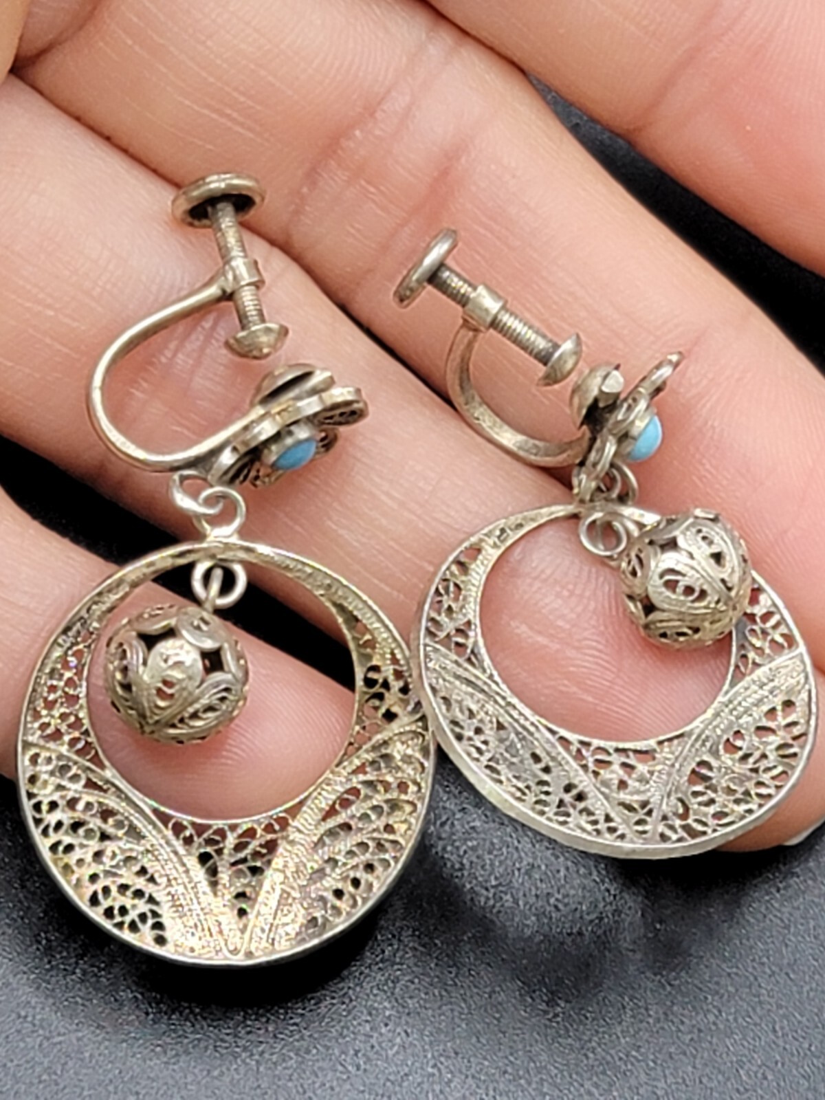 833 Silver Filigree Drop Earrings Turquoise Accent Dangle Vintage Ethnic