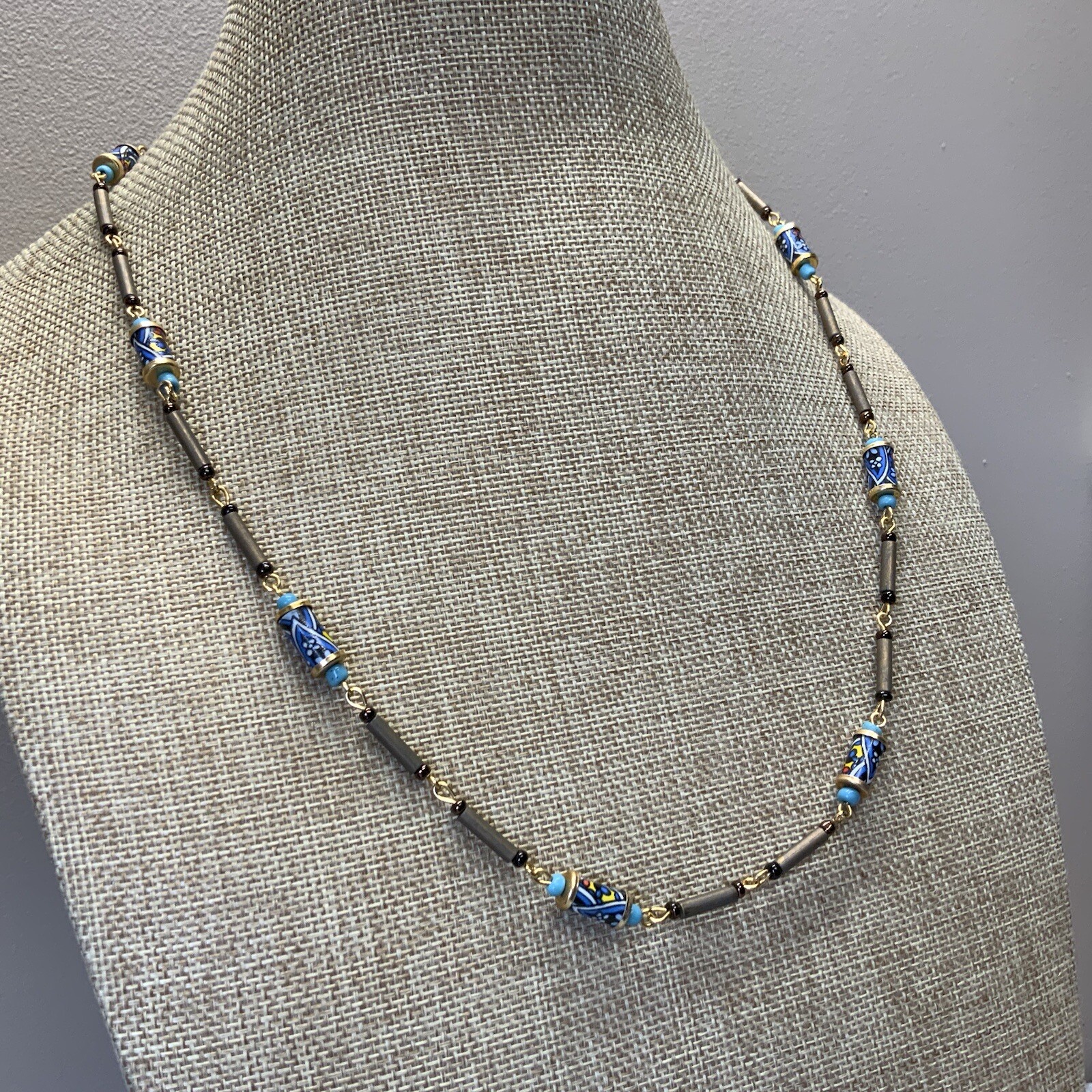 Vintage blue and gray acrylic bead necklace with spring ring clasp