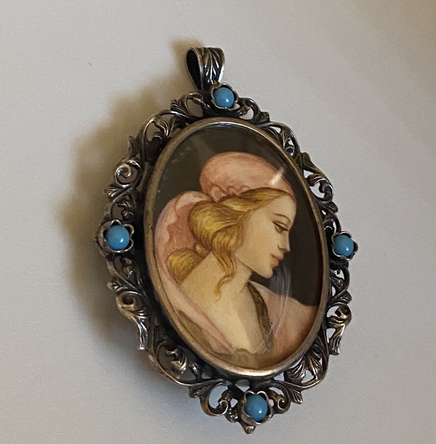 Vintage 800 Silver Filigree Blue Glass Hand Painted Portrait Brooch or Pendant